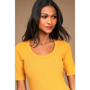 Lulus Favorite Basics Mustard Yellow Ribbed Scoop Neck Bodysuit - Size M
